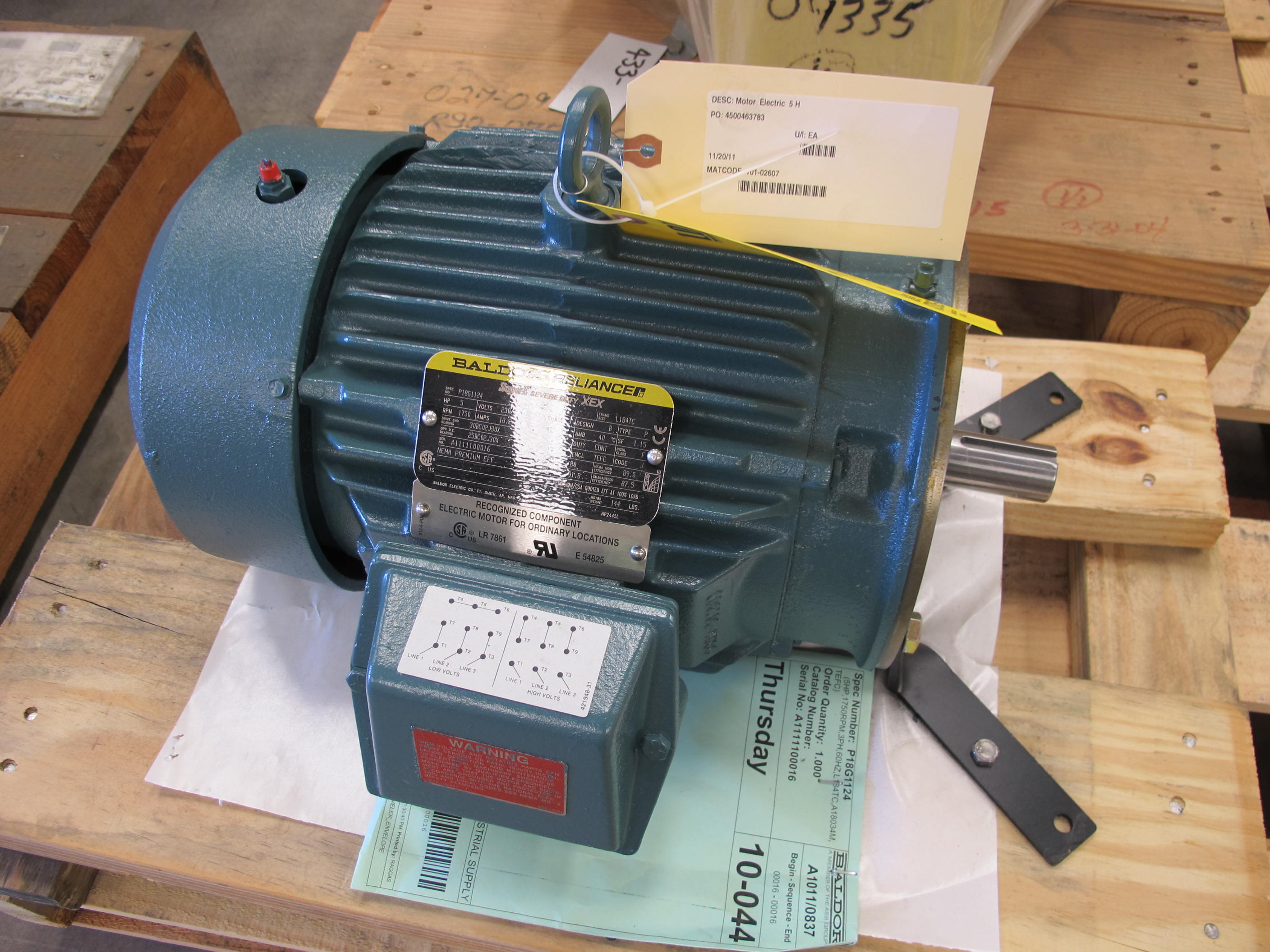 MOTOR, ELECTRIC TYPE, 5 HORSEPOWER, 230/460 VAC ELEC RATING, 1750 RPM, L-184TC FRAME, 12.2/6.1 AMPS, TEFC-XT ENCLOSURE, CONTINUOUS DUTY, 1.15 SERVICE FACTOR, 1-1/8" DIA SHAFT. INSULATION CLASS F, FACE MOUNT, SLOT KEY, 40 DEGREE C AMBIENT TEMPERATURE RISE, NEMA DESIGN "B" LOCKED ROTOR CODE "J", PART # P18G1124 (W-44) LOADING & HANDLING FEE $15-